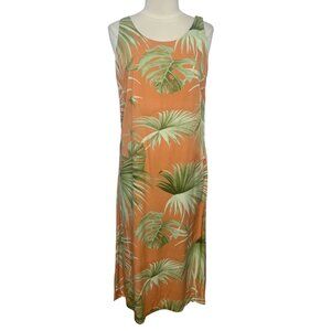 Hilo Hattie Hawaiian Dress Size Medium Orange Green Sleeveless Tropical Leaf